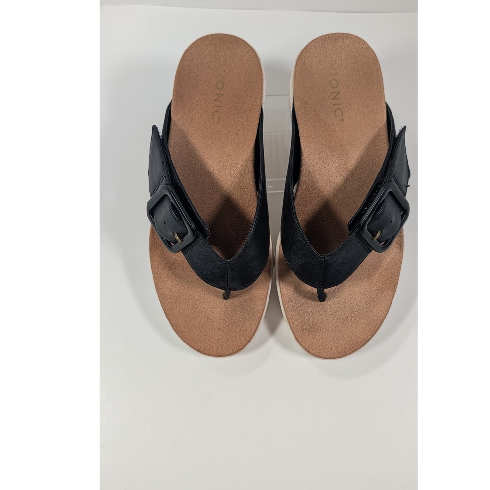 Vionic Uptown Marin Black Leather Platform Thong Sandals Buckle Women 8.5 - Picture 2 of 9